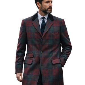J PETERMAN 100% Wool Plaid Overcoat Red Green Tartan Corduroy Collar Mens 46